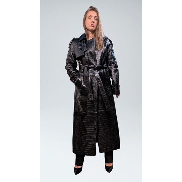 Black Genuine Leather Crocodile-Embossed Trench Coat – Size M - Picture 3 of 8